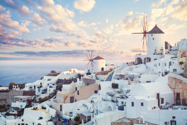 Beautiful Santorini landscape, Greece landmark. Clouds sky and c Beautiful Santorini landscape, Greece landmark. Clouds sky and coastline