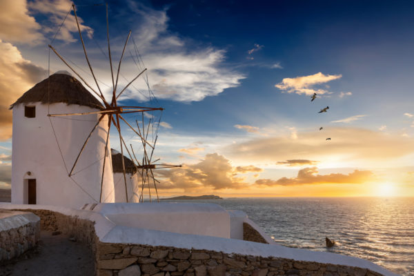 The windmills of Mykonos at sunset, without people, The windmills of Mykonos at sunset, without people,