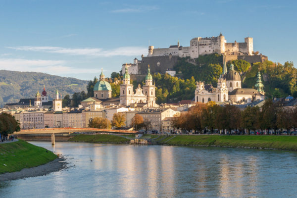 Panorama of Salzburg at blue hour in autumn, Austria Panorama of Salzburg at blue hour in autumn, Austria